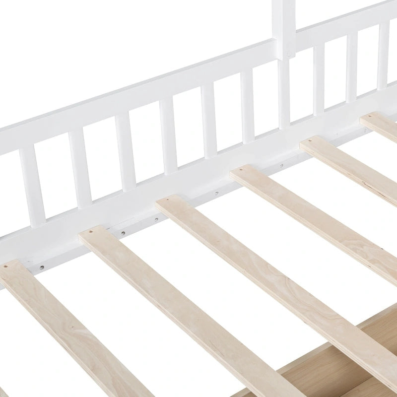Lit cabane jumeau avec canapé, lit plateforme pour enfants avec deux tiroirs et étagère de rangement, gris