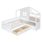 Lit cabane jumeau avec canapé, lit plateforme pour enfants avec deux tiroirs et étagère de rangement, gris