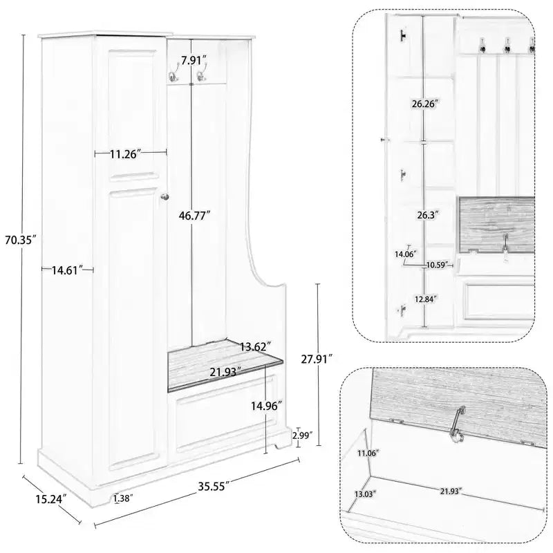 Porte-manteau avec banc rabattable, banc d'entrée avec patère, banc de rangement autoportant pour buanderie, salon, entrée