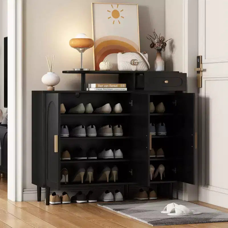 Meuble à chaussures élégant avec portes cintrées et tiroir, buffet de rangement avec étagères réglables et pieds en bois massif 4B - ModernLuxe