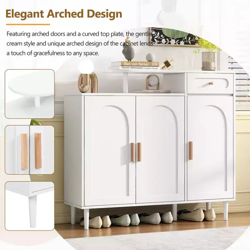 Meuble à chaussures élégant avec portes cintrées et tiroir, buffet de rangement avec étagères réglables et pieds en bois massif 4B - ModernLuxe
