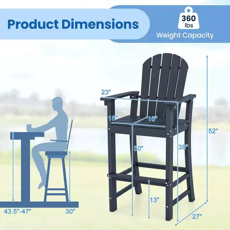 Costway Tabouret de bar d'extérieur en PEHD, Chaise haute de patio, Accoudoirs, Repose-pieds, Tous temps Bleu marine/Turquoise/Gris/Noir