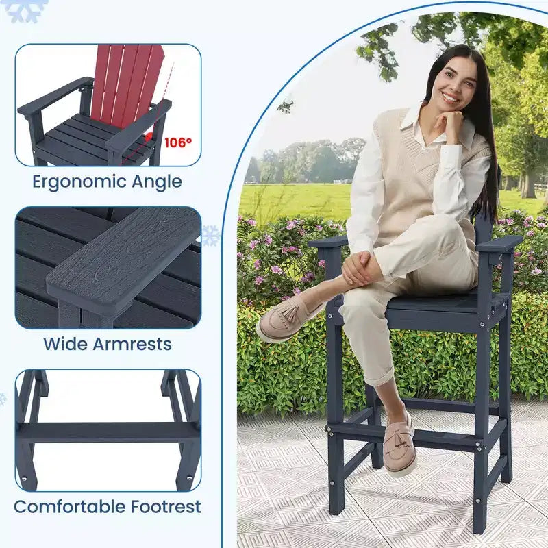 Costway Tabouret de bar d'extérieur en PEHD, Chaise haute de patio, Accoudoirs, Repose-pieds, Tous temps Bleu marine/Turquoise/Gris/Noir