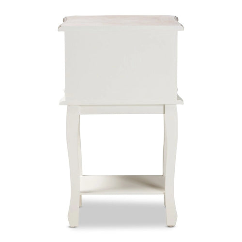 Table d'appoint en bois à 2 tiroirs, finition bicolore blanc et chêne, style chalet français ancien