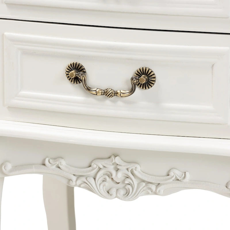 Table d'appoint en bois à 2 tiroirs, finition bicolore blanc et chêne, style chalet français ancien