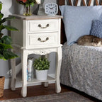 Table d'appoint en bois à 2 tiroirs, finition bicolore blanc et chêne, style chalet français ancien