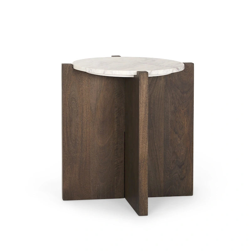 Table d'appoint ronde en bois brun foncé avec accents en marbre - 22,0L x 22,0W x 22,0H
