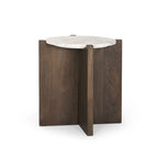 Table d'appoint ronde en bois brun foncé avec accents en marbre - 22,0L x 22,0W x 22,0H