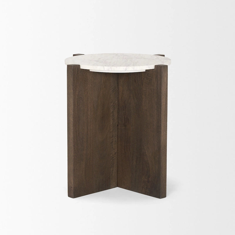 Table d'appoint ronde en bois brun foncé avec accents en marbre - 22,0L x 22,0W x 22,0H