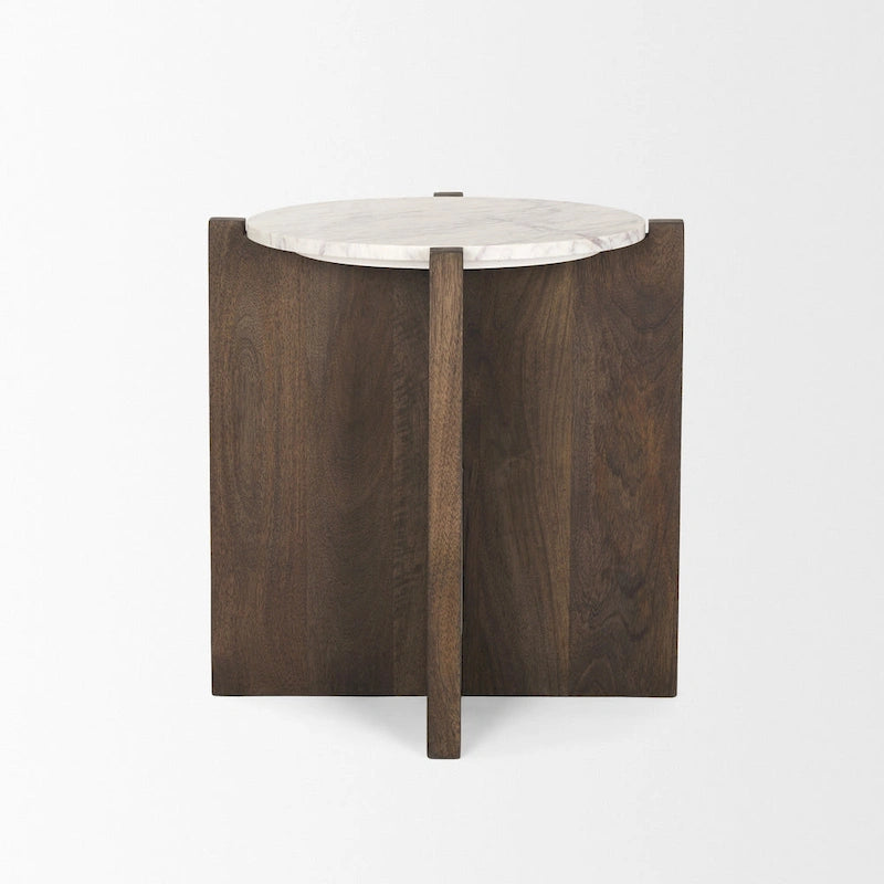 Table d'appoint ronde en bois brun foncé avec accents en marbre - 22,0L x 22,0W x 22,0H