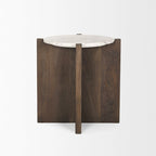 Table d'appoint ronde en bois brun foncé avec accents en marbre - 22,0L x 22,0W x 22,0H