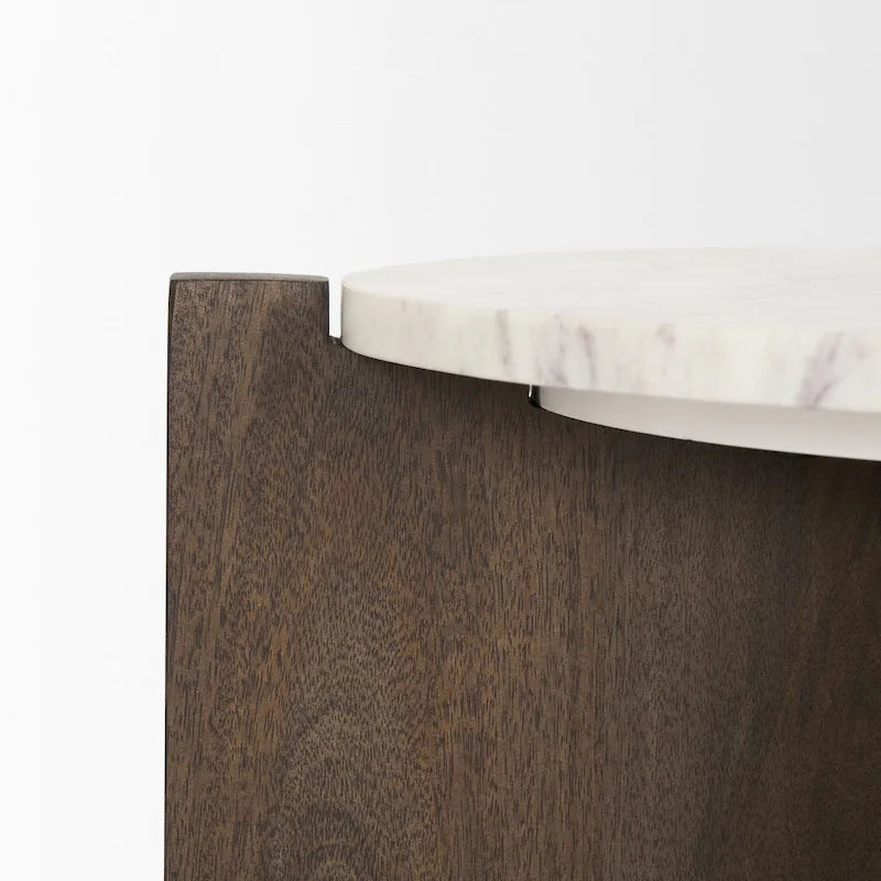 Table d'appoint ronde en bois brun foncé avec accents en marbre - 22,0L x 22,0W x 22,0H