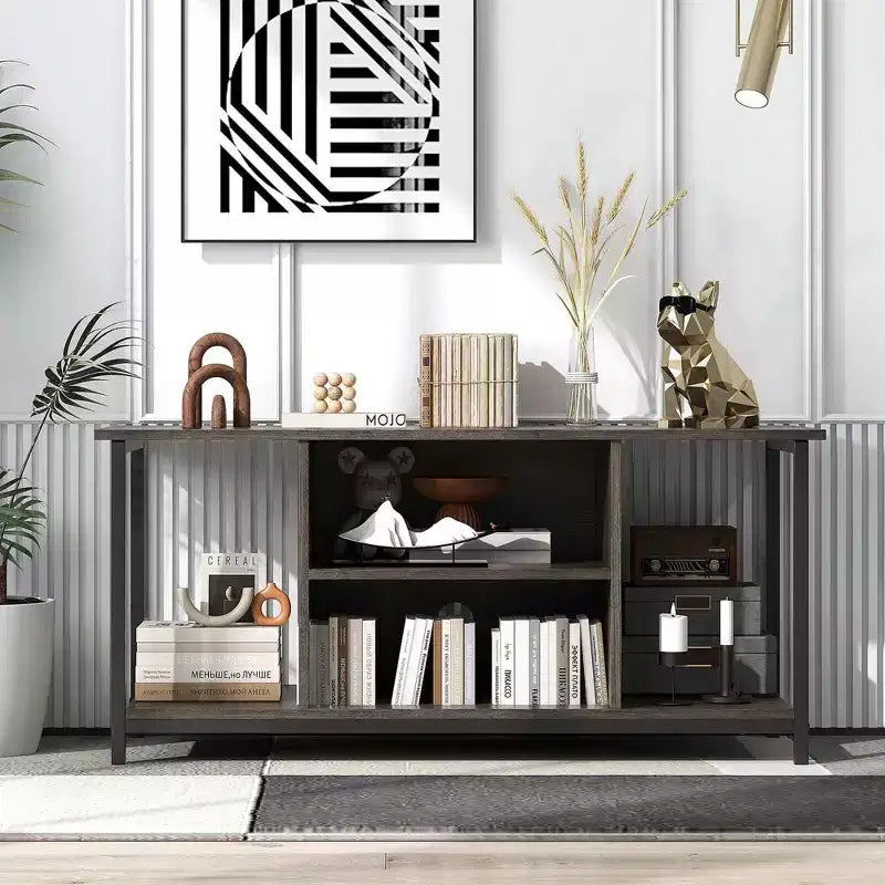 Meuble TV Costway avec prise de courant, ports USB et Type-C, console TV 3 niveaux Gris