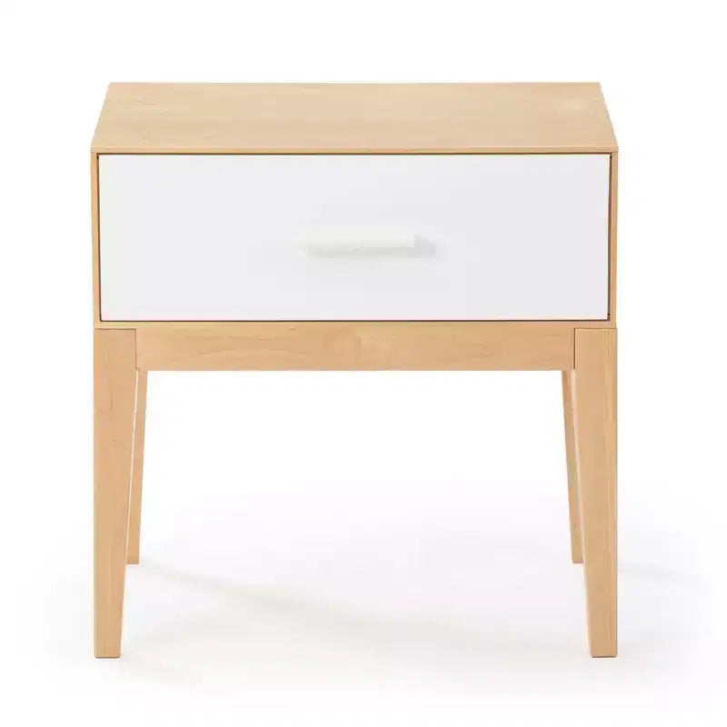 Table de chevet Duo en bois avec 1 tiroir Plank+Beam, table d'appoint en bois pour rangement de chambre, bout de canapé de chevet, blanc/bouleau