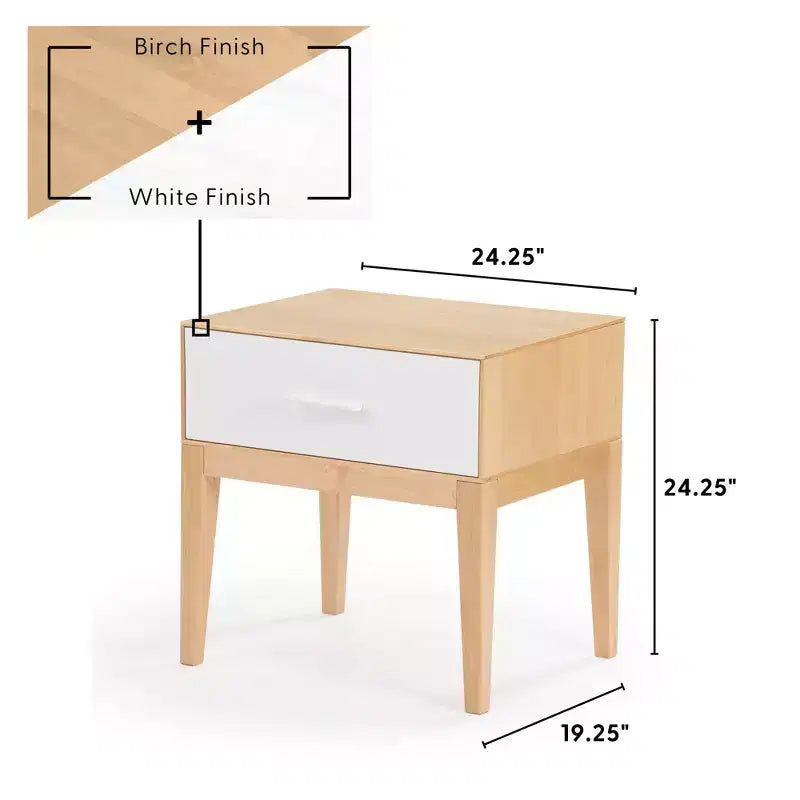 Table de chevet Duo en bois avec 1 tiroir Plank+Beam, table d'appoint en bois pour rangement de chambre, bout de canapé de chevet, blanc/bouleau