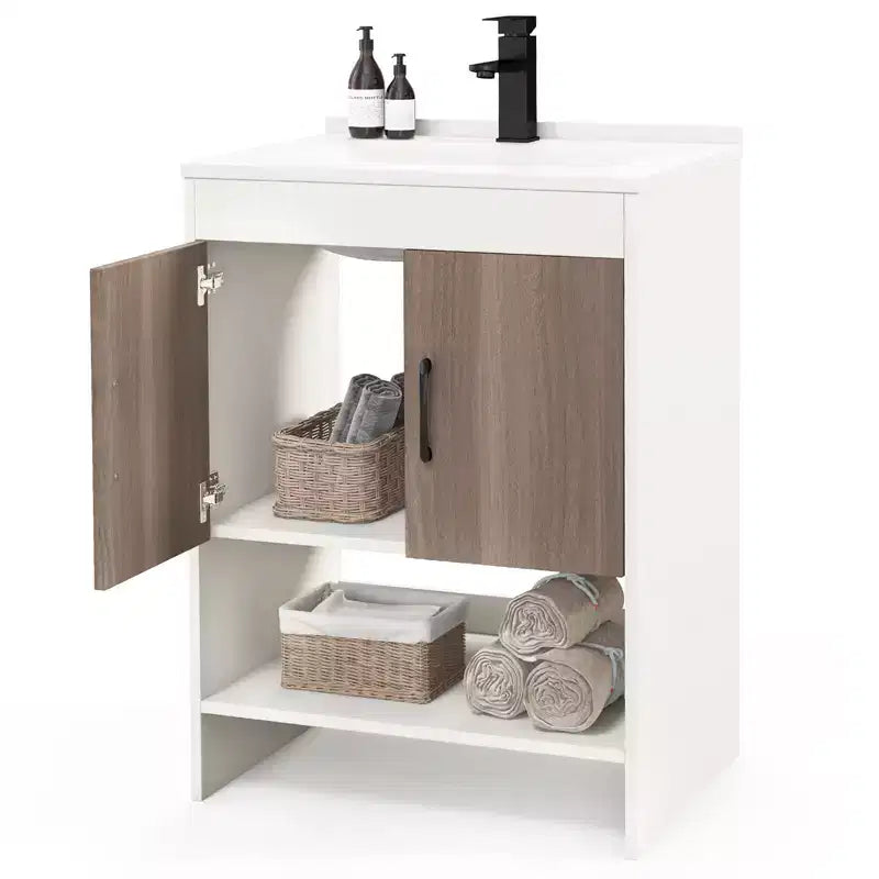Meuble sous-vasque Costway 25" avec portes, étagère ouverte, crédence, robinet et bonde escamotable