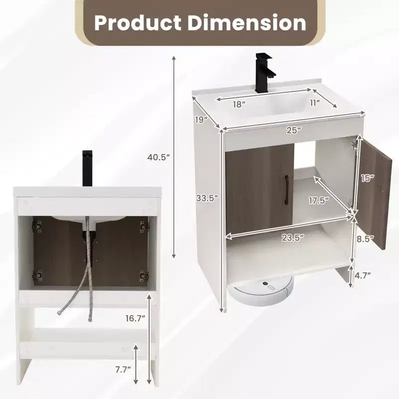 Meuble sous-vasque Costway 25" avec portes, étagère ouverte, crédence, robinet et bonde escamotable