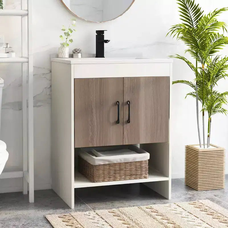 Meuble sous-vasque Costway 25" avec portes, étagère ouverte, crédence, robinet et bonde escamotable