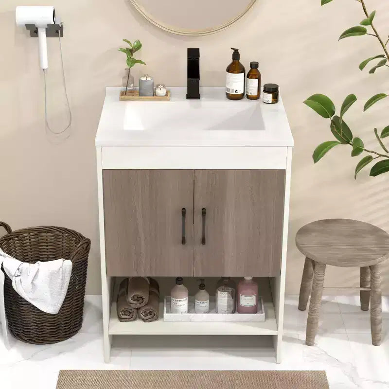 Meuble sous-vasque Costway 25" avec portes, étagère ouverte, crédence, robinet et bonde escamotable