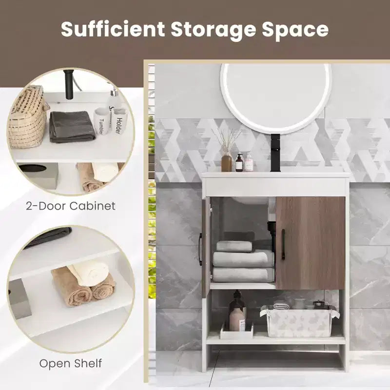 Meuble sous-vasque Costway 25" avec portes, étagère ouverte, crédence, robinet et bonde escamotable