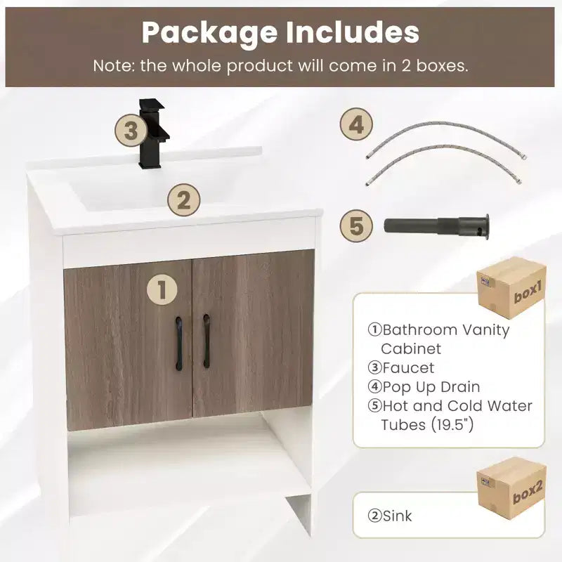 Meuble sous-vasque Costway 25" avec portes, étagère ouverte, crédence, robinet et bonde escamotable