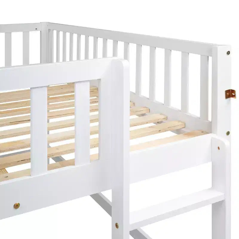 Lit mezzanine bas avec échelle et toboggan, taille double/simple, cadre de lit en bois, sommier tapissier non requis - HABITRIO