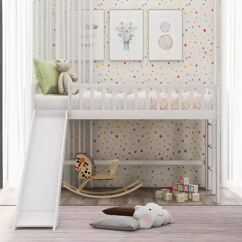 Lit mezzanine bas avec échelle et toboggan, taille double/simple, cadre de lit en bois, sommier tapissier non requis - HABITRIO