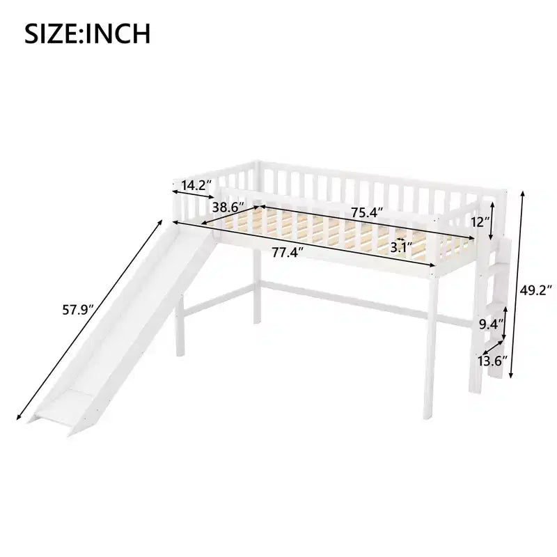 Lit mezzanine bas avec échelle et toboggan, taille double/simple, cadre de lit en bois, sommier tapissier non requis - HABITRIO