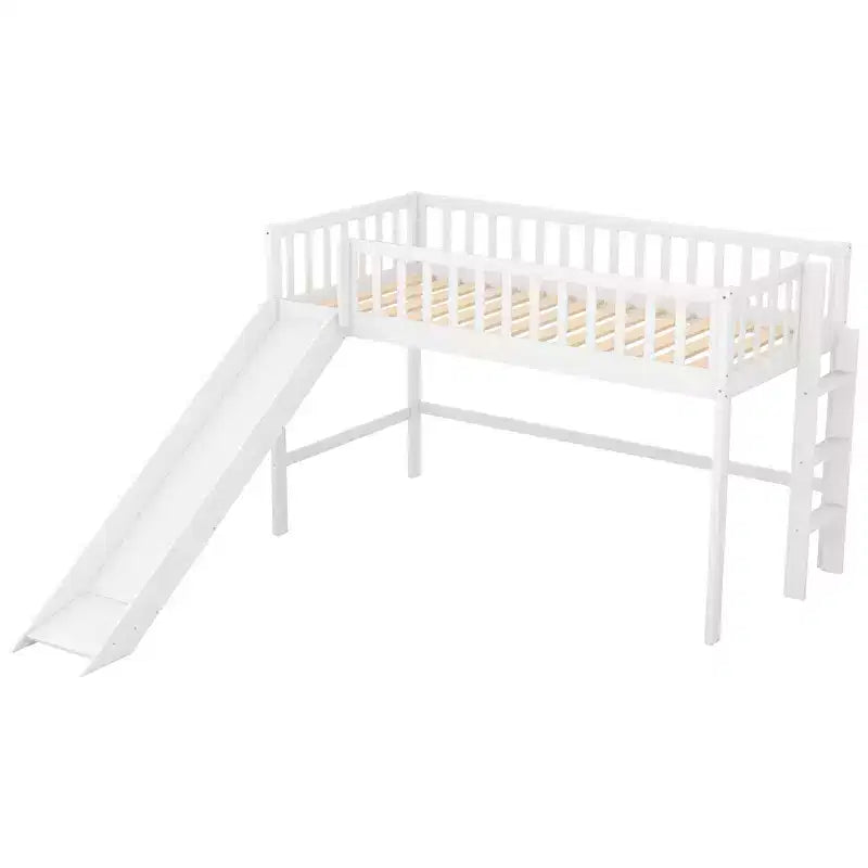 Lit mezzanine bas avec échelle et toboggan, taille double/simple, cadre de lit en bois, sommier tapissier non requis - HABITRIO