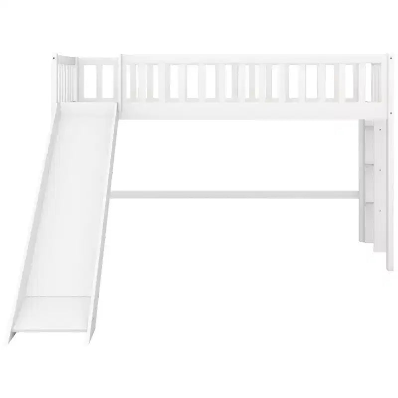 Lit mezzanine bas avec échelle et toboggan, taille double/simple, cadre de lit en bois, sommier tapissier non requis - HABITRIO