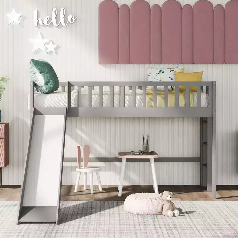 Lit mezzanine bas avec échelle et toboggan, taille double/simple, cadre de lit en bois, sommier tapissier non requis - HABITRIO