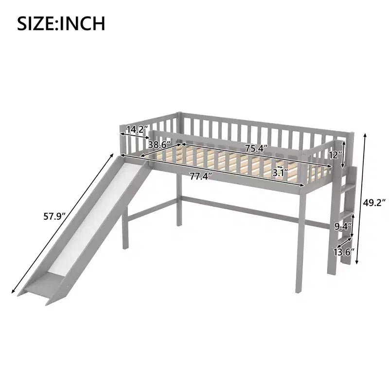 Lit mezzanine bas avec échelle et toboggan, taille double/simple, cadre de lit en bois, sommier tapissier non requis - HABITRIO