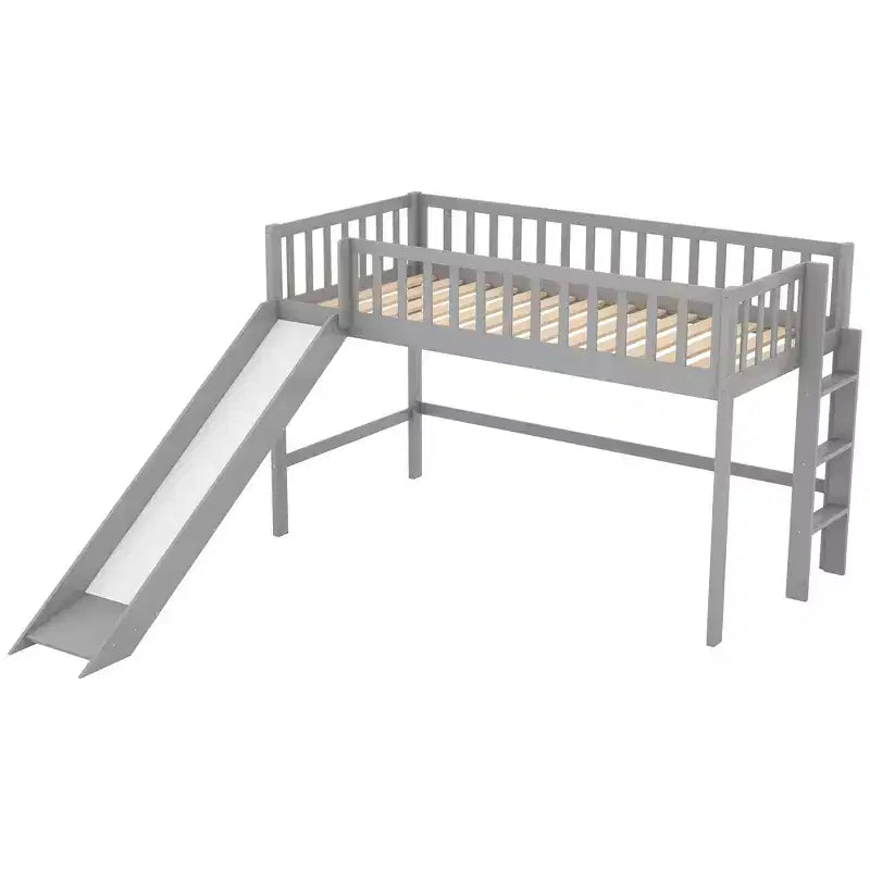 Lit mezzanine bas avec échelle et toboggan, taille double/simple, cadre de lit en bois, sommier tapissier non requis - HABITRIO