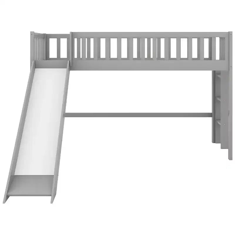 Lit mezzanine bas avec échelle et toboggan, taille double/simple, cadre de lit en bois, sommier tapissier non requis - HABITRIO