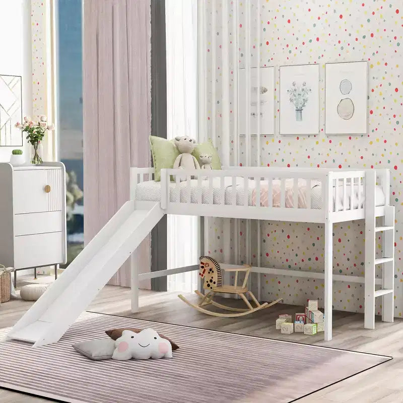 Lit mezzanine bas avec échelle et toboggan, taille double/simple, cadre de lit en bois, sommier tapissier non requis - HABITRIO