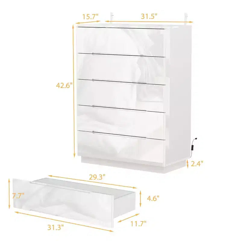 Commode moderne à 5 tiroirs Famapy, finition brillante, avec éclairage inférieur