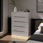 Commode moderne à 5 tiroirs Famapy, finition brillante, avec éclairage inférieur