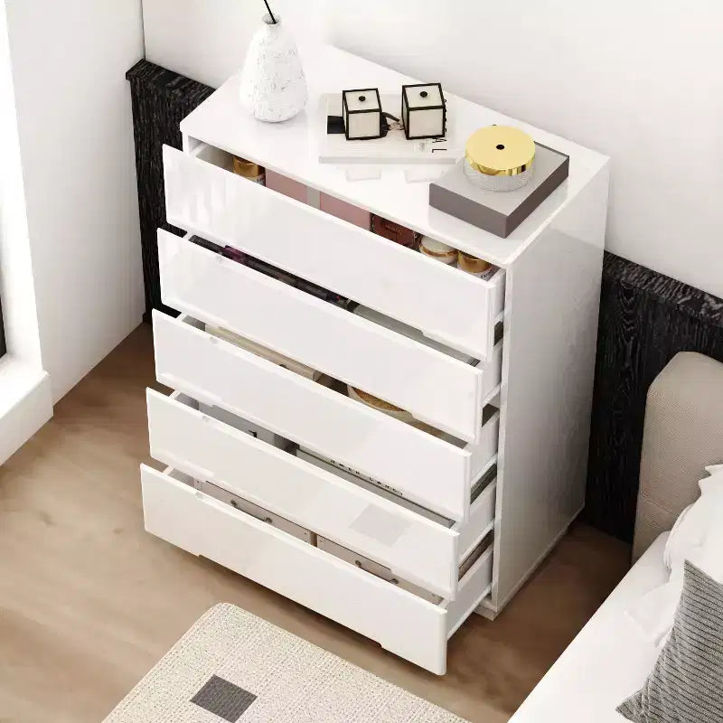Commode moderne à 5 tiroirs Famapy, finition brillante, avec éclairage inférieur