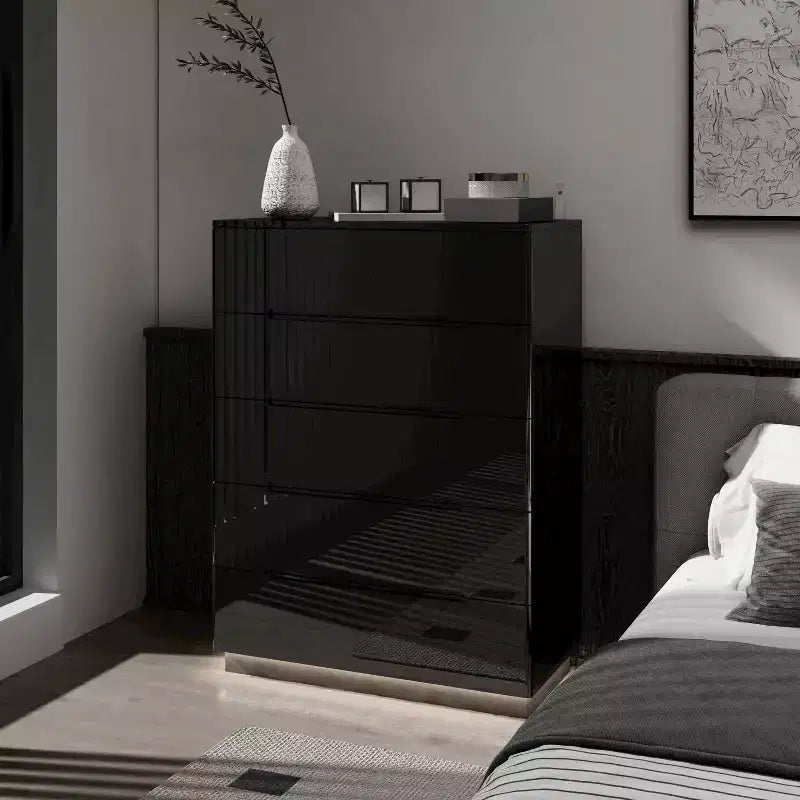 Commode moderne à 5 tiroirs Famapy, finition brillante, avec éclairage inférieur