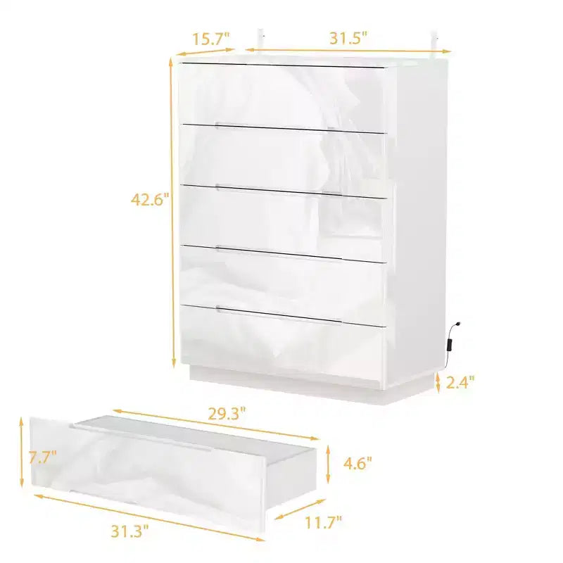 Commode moderne à 5 tiroirs Famapy, finition brillante, avec éclairage inférieur