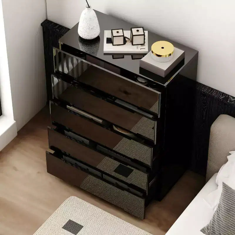 Commode moderne à 5 tiroirs Famapy, finition brillante, avec éclairage inférieur