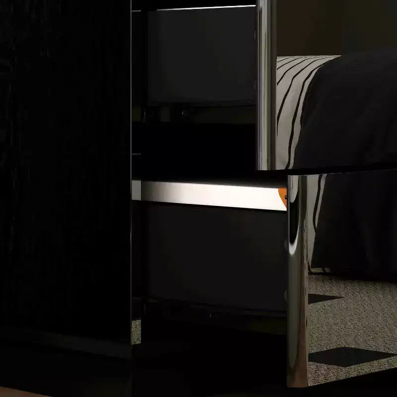 Commode moderne à 5 tiroirs Famapy, finition brillante, avec éclairage inférieur