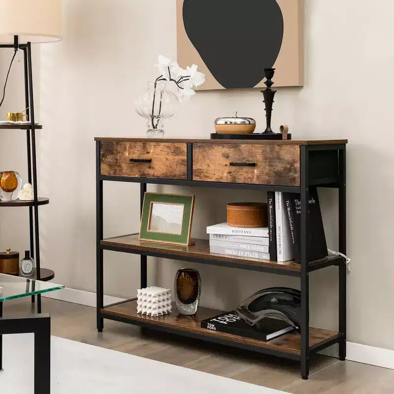 Costway Table console d'entrée pour canapé avec tiroirs en tissu pliables pour salon, gris/marron rustique