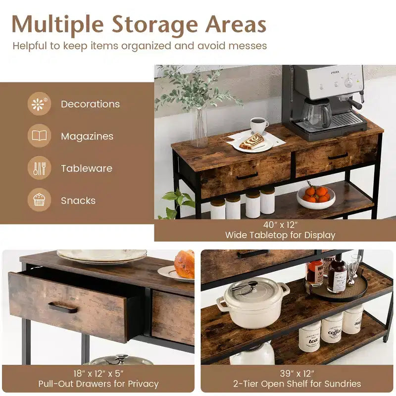 Costway Table console d'entrée pour canapé avec tiroirs en tissu pliables pour salon, gris/marron rustique