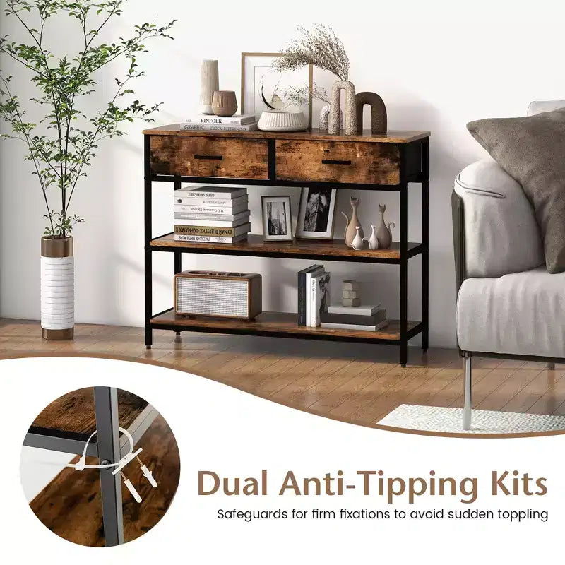 Costway Table console d'entrée pour canapé avec tiroirs en tissu pliables pour salon, gris/marron rustique