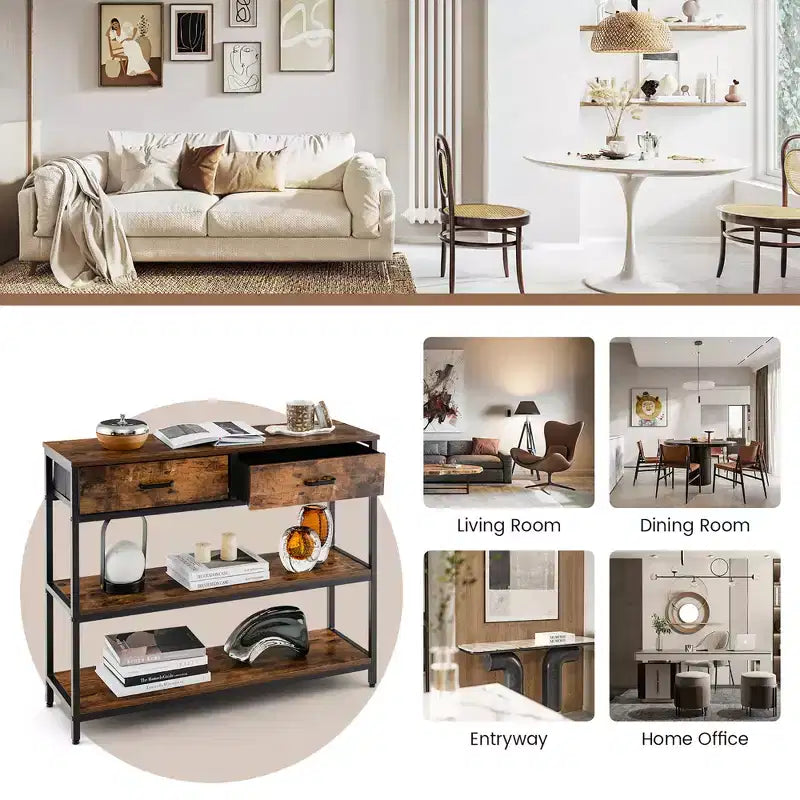 Costway Table console d'entrée pour canapé avec tiroirs en tissu pliables pour salon, gris/marron rustique
