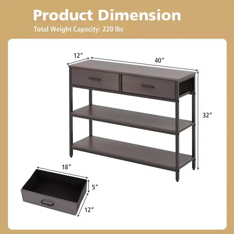 Costway Table console d'entrée pour canapé avec tiroirs en tissu pliables pour salon, gris/marron rustique
