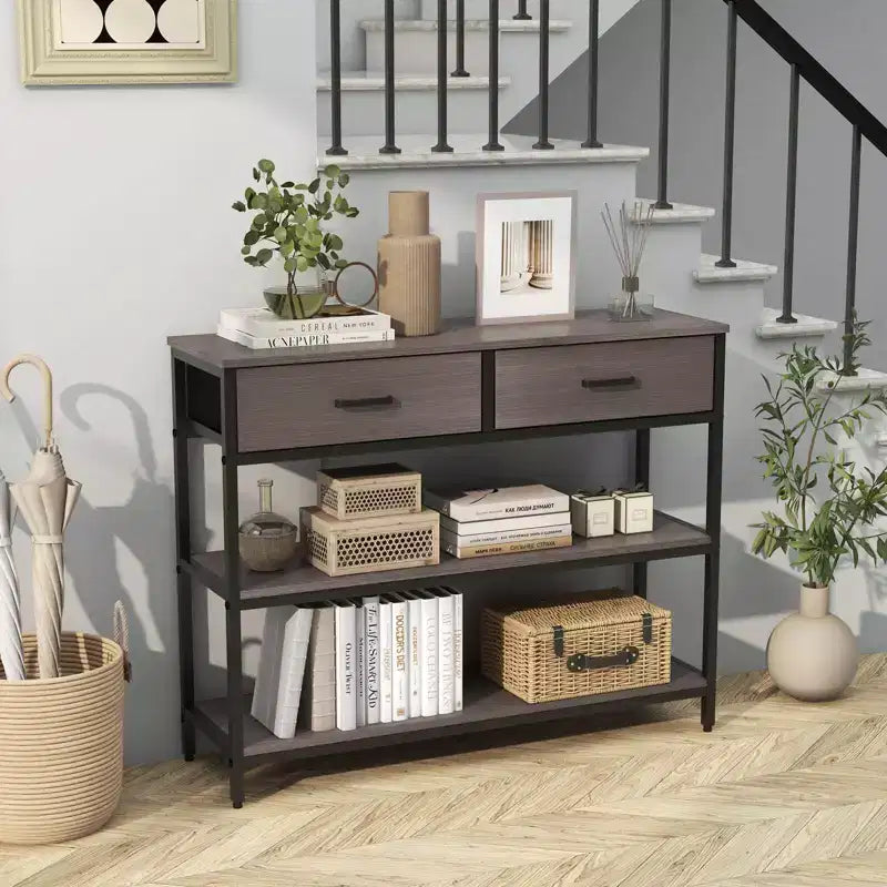Costway Table console d'entrée pour canapé avec tiroirs en tissu pliables pour salon, gris/marron rustique