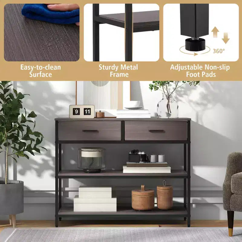 Costway Table console d'entrée pour canapé avec tiroirs en tissu pliables pour salon, gris/marron rustique