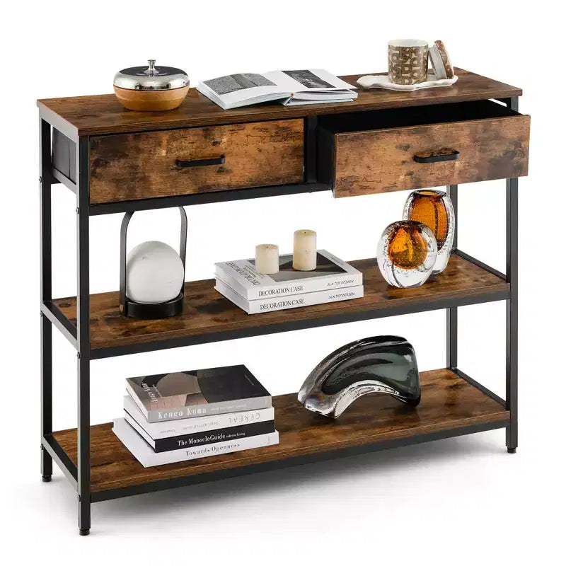 Costway Table console d'entrée pour canapé avec tiroirs en tissu pliables pour salon, gris/marron rustique